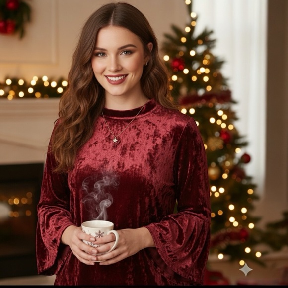 Ellos Crushed Velvet Bell Sleeve Top Red Wine Size 18/20 Stretch Mock Neck Y2K - Picture 6 of 9